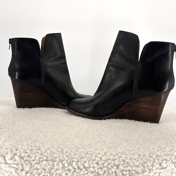 LUCKY BRAND Yolene Leather Boots Womens Size 9.5M Wedge Black Zipper Retro Boho - Picture 6 of 11